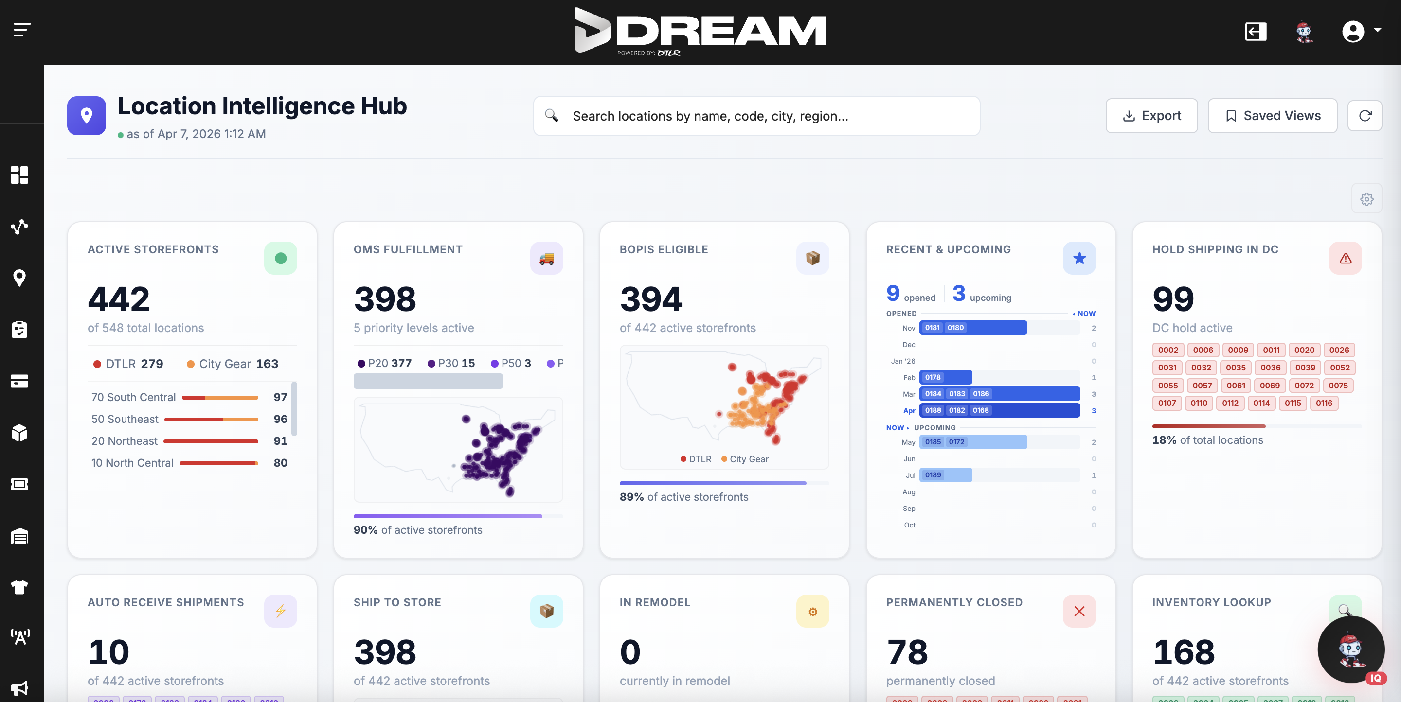 <strong>DREAM — Location Intelligence Hub:</strong> Internal dashboard built with AI-assisted development showing 442 active storefronts, fulfillment stats, BOPIS eligibility, and geographic distribution. Delivered at record speed using Cursor and Claude Code.
